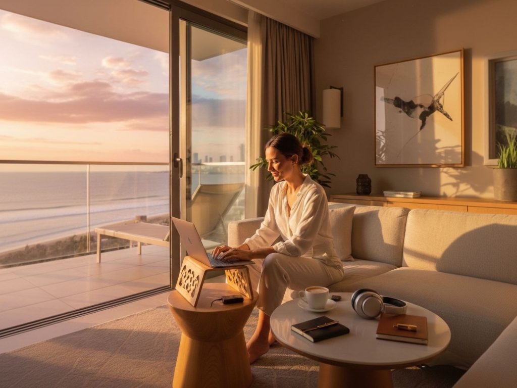 Mujer trabajando con laptop en una suite de lujo frente al mar, concepto de workation sofisticada en hotel boutique.