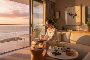 Mujer trabajando con laptop en una suite de lujo frente al mar, concepto de workation sofisticada en hotel boutique.