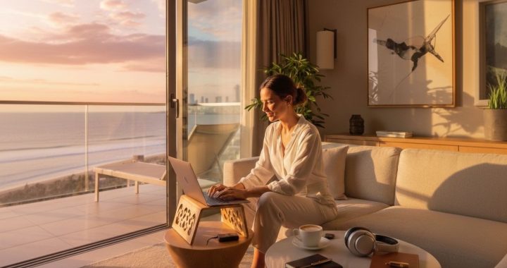 Mujer trabajando con laptop en una suite de lujo frente al mar, concepto de workation sofisticada en hotel boutique.