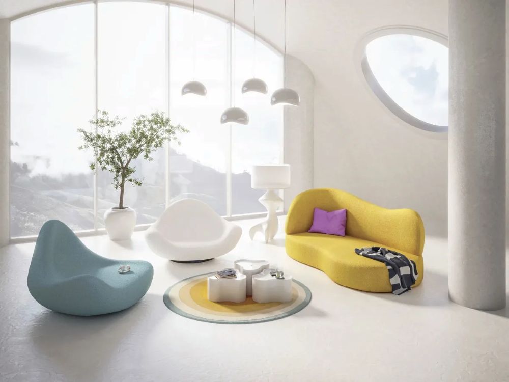Muebles para la sala de la colección Fluid Realities, diseñada por Karim Rashid.